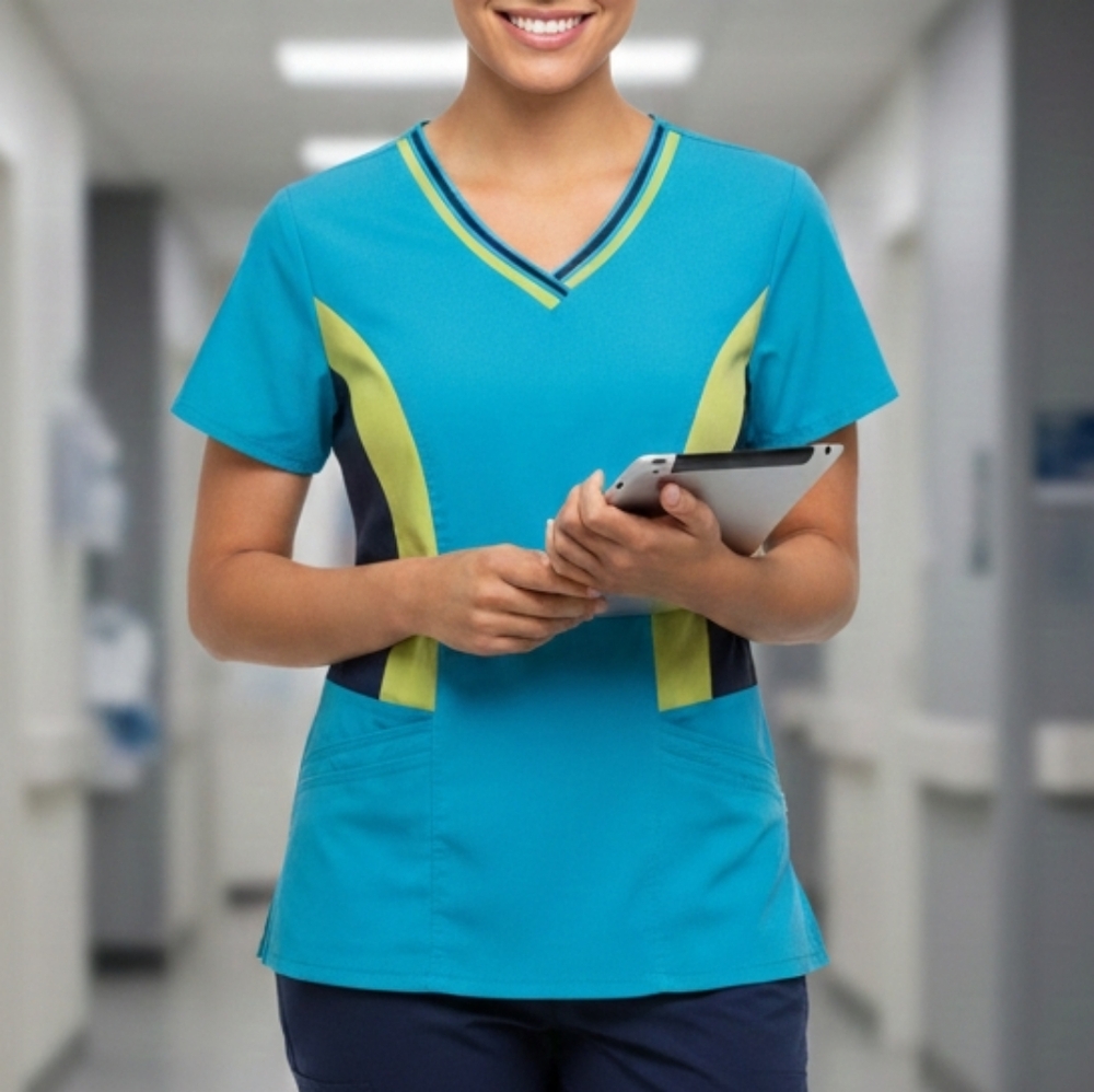 HEALTH PRO SCRUB TOP 4-Way Stretch Short Sleeve Top Blues & Lime Grn Women XS